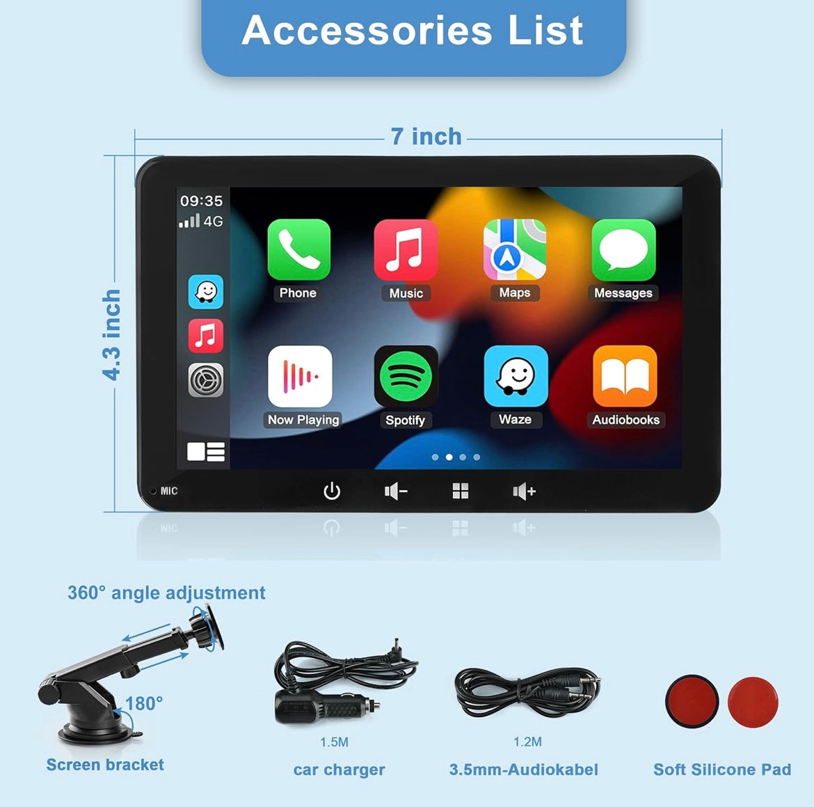 7” CarPlay and Android Auto Compatible Display Screen.